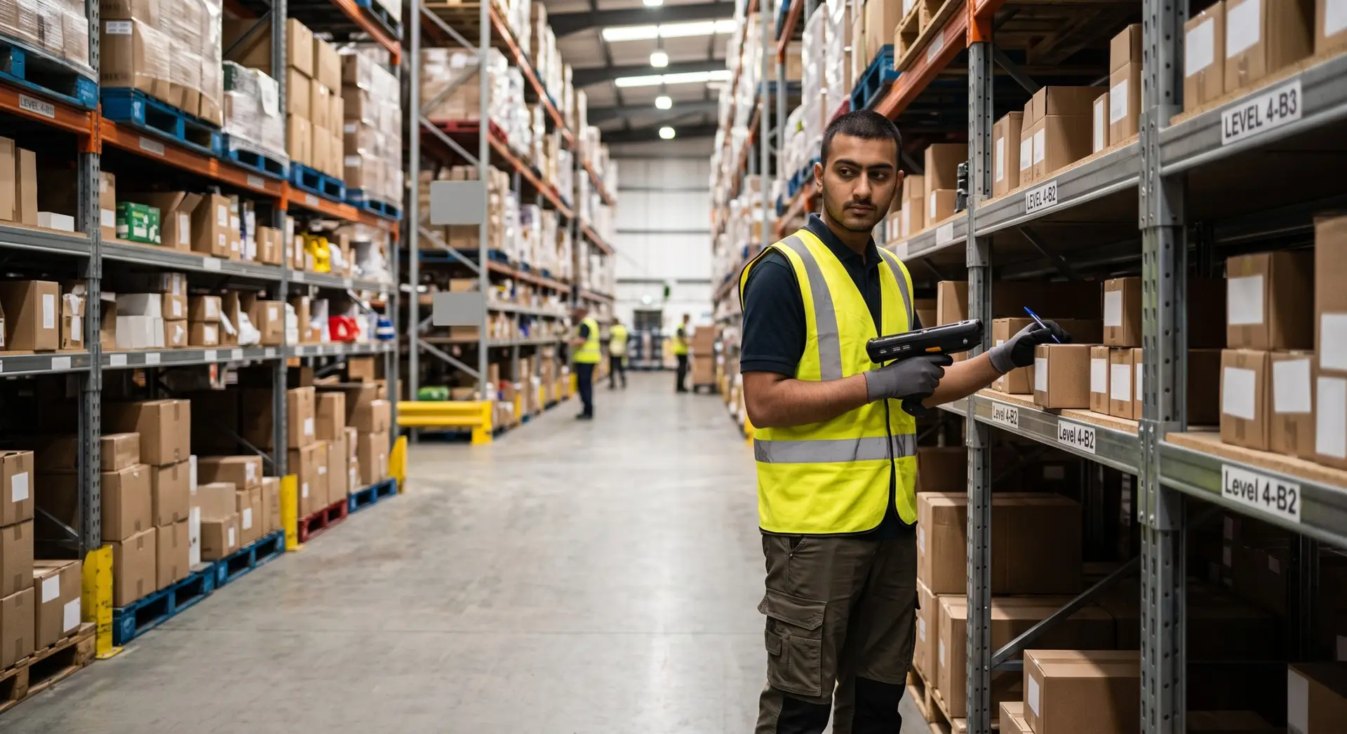 Warehouse operative wearing a high-visibility vest stands in a warehouse aisle, holding a handheld scanner while checking boxes on the shelves.
